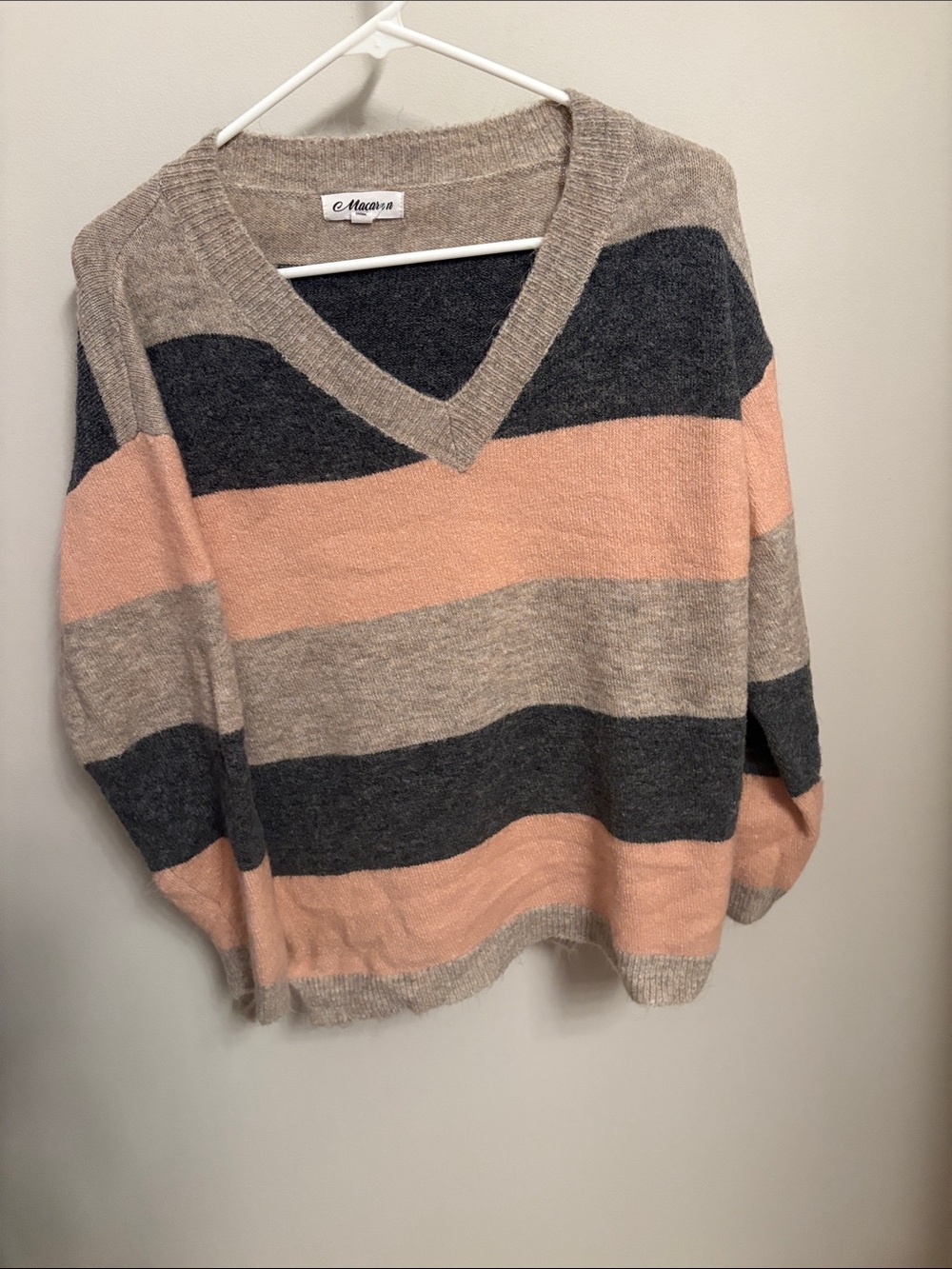 MACARON Striped V-Neck Sweater in Peach, Charcoal & Taupe